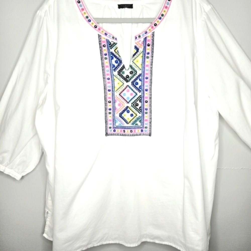 Talbots Tunic Top. White With Multicolor Beads and Embroidery. 2X